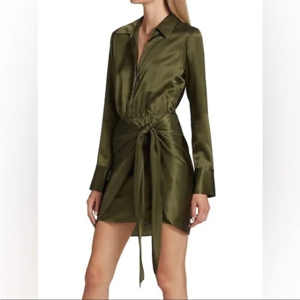 NWT L'Agence Olive Green Winter Moss Atlas 100% Silk Wrap Dress, Size 8